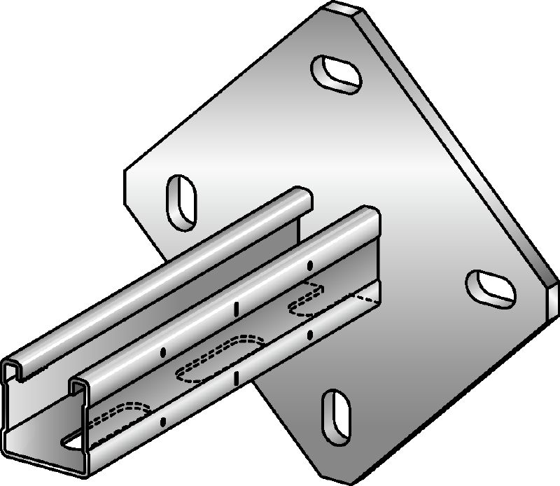 MQK-41/4 Bracket Galvanized bracket with a 41 mm high, single MQ strut channel with a square baseplate for higher rigidity