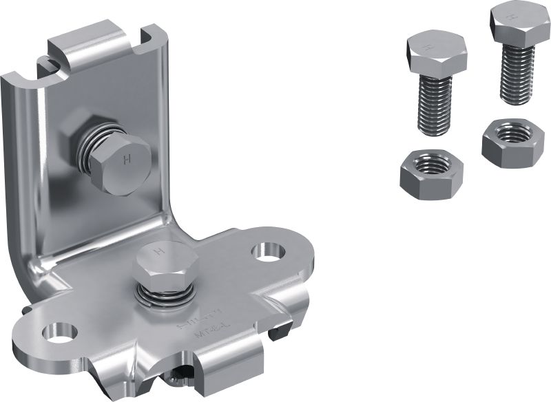 MT-S-L FL Pre-assembled seismic angle bracket Angle bracket with pre-assembled Fast-Lock nut and bolt for assembling braced MT strut channel structures in seismic zones
