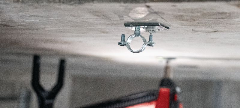 X-TH Threaded Stud plate Metal pipe clamp mount with pre-installed threaded stud for light-duty electrical/mechanical fastenings on ceilings and use with collated nails Applications 1