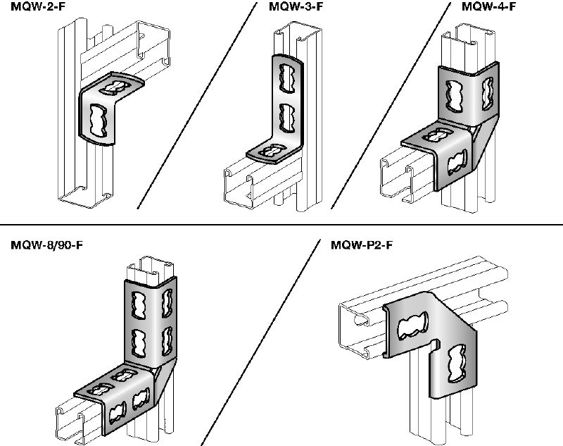 MQW 90°-F Angle connector Hot-dip galvanized (HDG) 90-degree angle for connecting multiple MQ strut channels