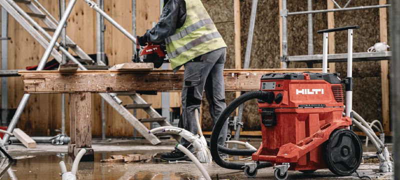 VC 40H-X H-Class dust extractor (ACD) Powerful dust extractor with large container and push-bar for connection with power tools and jobsite clean ups (wet & dry), 30l tank – ACD certified vacuum Applications 1