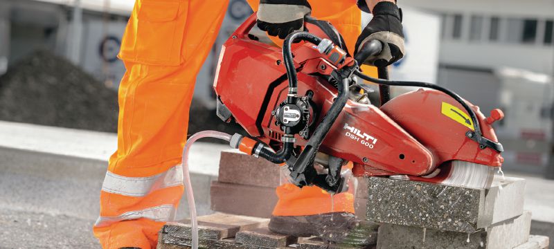 DSH 600-X Gas cut-off saw (300mm) Compact top-handle gas saw (63cc) with blade brake, for cutting up to 120 mm with 300 mm blades in concrete, masonry, and metal Applications 1