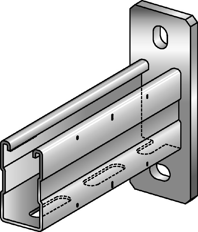 MQK-72-F Bracket Hot-dip galvanized (HDG) bracket with a 72 mm high, single MQ strut channel for medium-duty applications