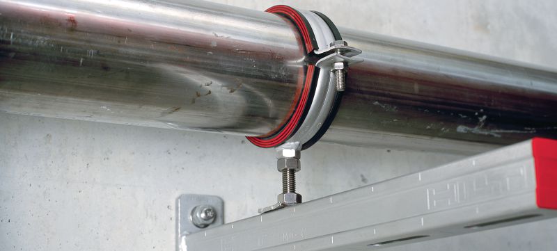 MP-MRI Heavy-duty pipe clamp Stainless steel (A4) pipe clamp with sound insulation for heavy-duty applications Applications 1