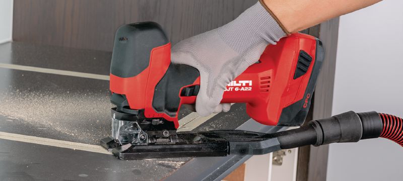 SJT 6-A22 Cordless jig saw Powerful 22V cordless jigsaw with barrel T-grip for curved cuts above or below the work surface Applications 1