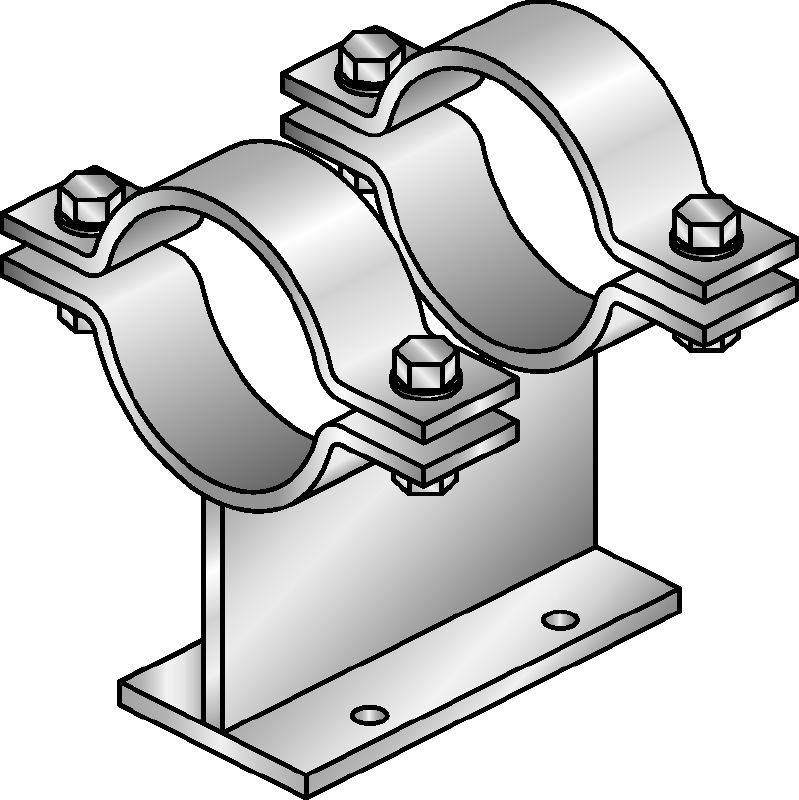 MI-PS 2/1 pipe shoes Hot-dip galvanized (HDG) double pipe shoes for fastening DN 25-300 pipes to MI girders in heavy-duty applications