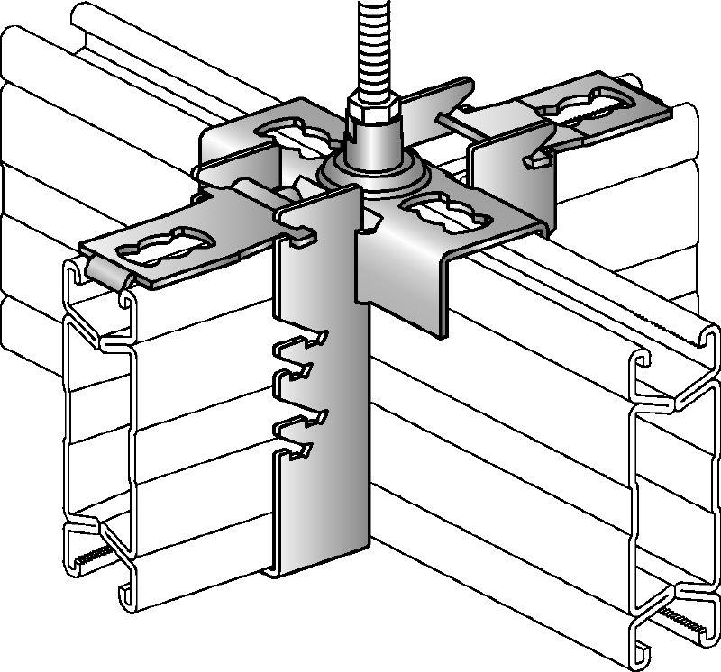 MQI-K Cross connector Galvanized cross connector for crosswise mounting of channels with an integrated M12 connection for height adjustability