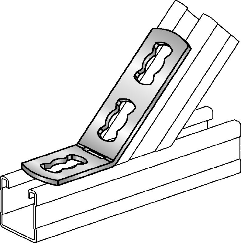 MQW 45°/135°-F Hot-dip galvanized (HDG) 45- or 135-degree angle for connecting multiple MQ strut channels