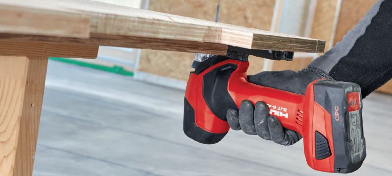 SJT 6-A22 Cordless jig saw Powerful 22V cordless jigsaw with barrel T-grip for curved cuts above or below the work surface Applications 1