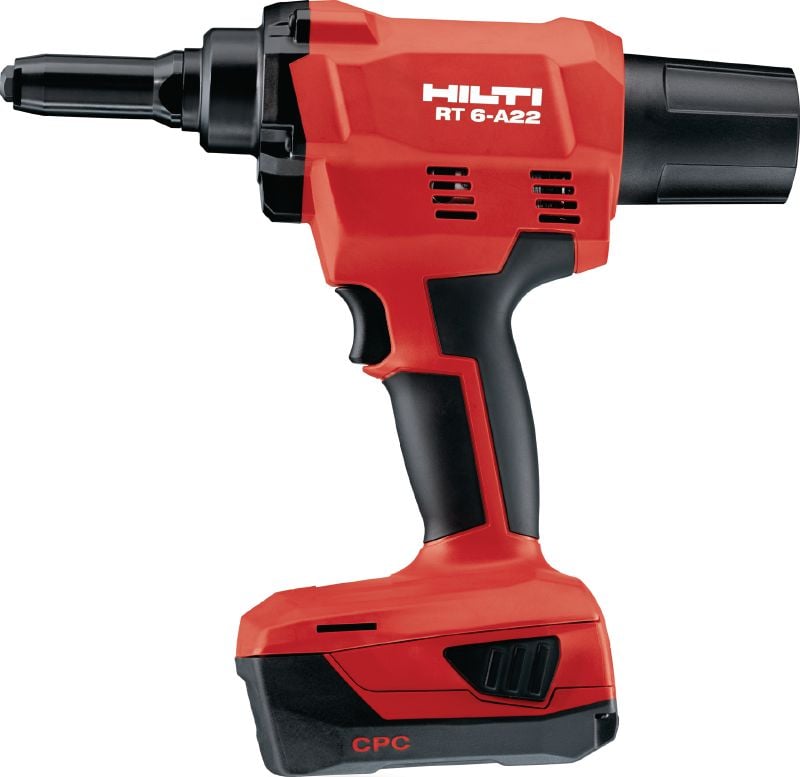 RT 6-A22 Cordless rivet tool 22V cordless rivet tool powered by Li-ion batteries for installation jobs and industrial production using rivets up to 4.8 mm in diameter (up to 5.0 mm for aluminum rivets)