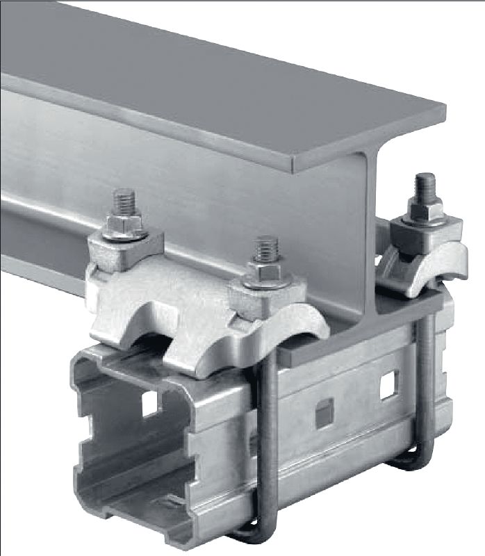 MI-DGC Beam clamp Hot-dip galvanized (HDG) double beam clamp for connecting MI girders to steel beams for heavy-duty applications